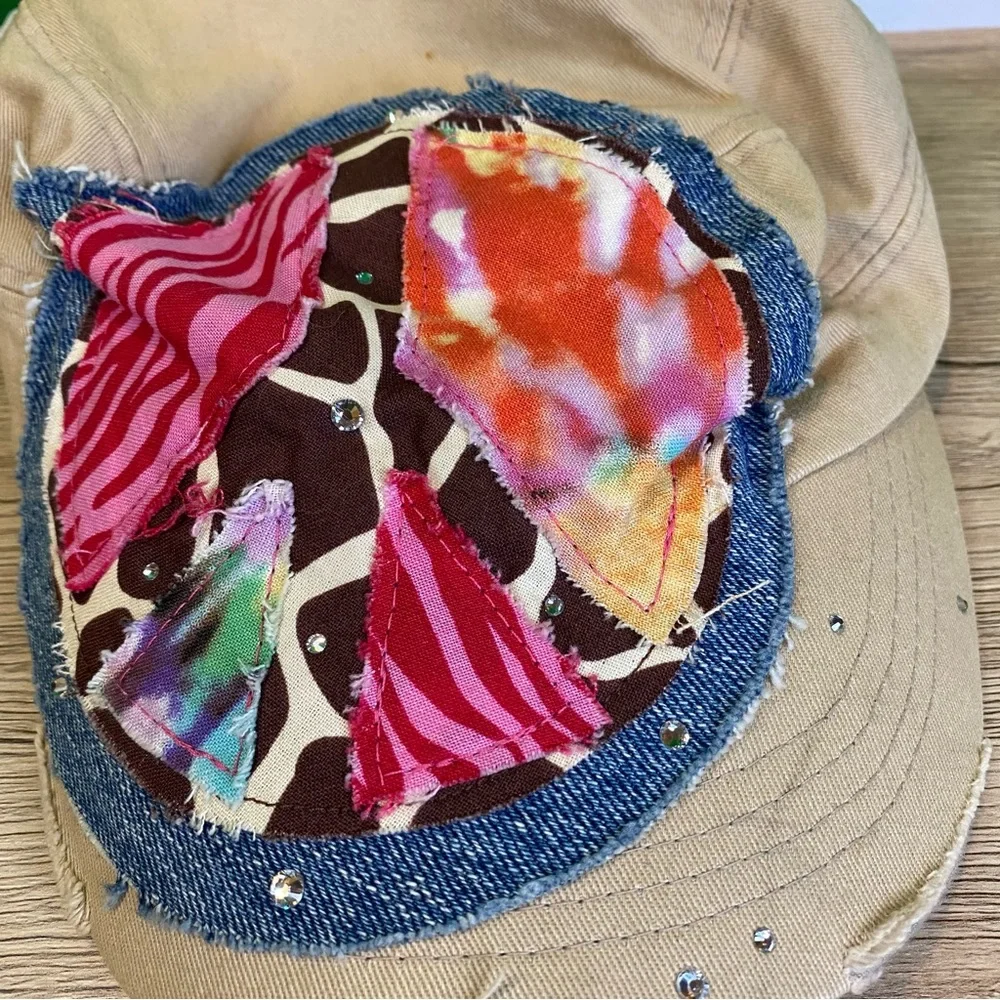 NEW | Peace Sign Embellished Distressed Hat w/ Rhinestones - Picture 3 of 4